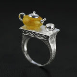 INATURE 925 Sterling Silver Rings Natural Amber Teapot Finger Ring