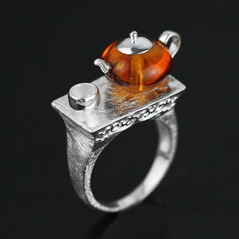 INATURE 925 Sterling Silver Rings Natural Amber Teapot Finger Ring