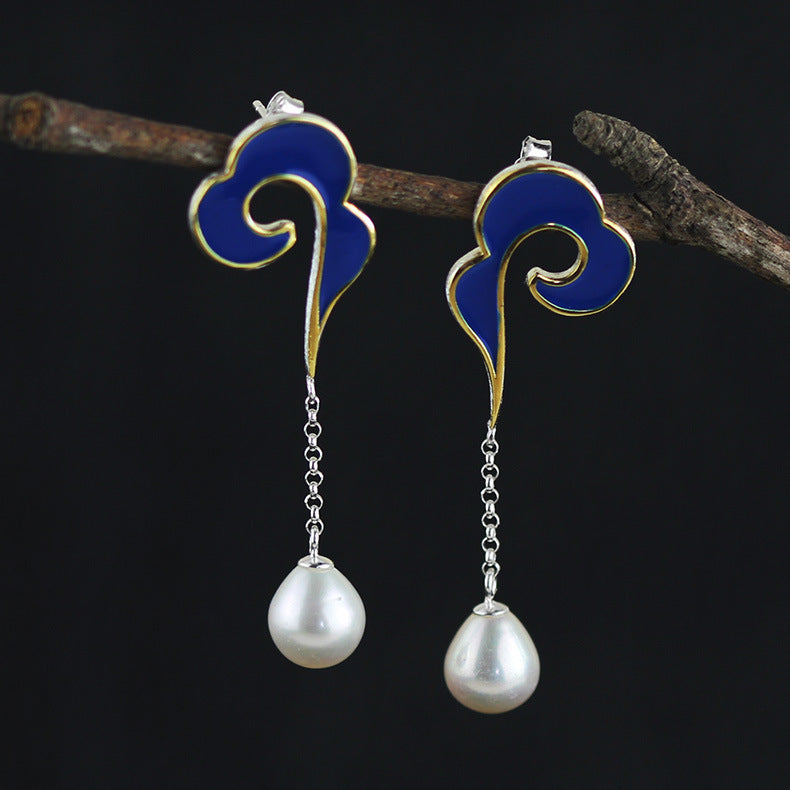 INATURE 925 Sterling Silver Vintage Blue Enamel Cloud Drop Earrings