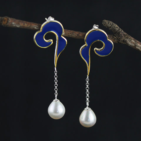 INATURE 925 Sterling Silver Vintage Blue Enamel Cloud Drop Earrings