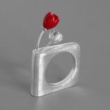 INATURE A Flowering Book 925 Sterling Silver Red Coral Flower Wedding Rings