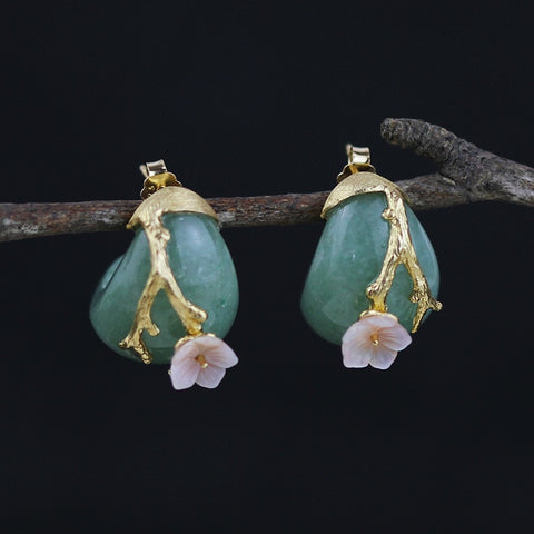 INATURE Natural Aventurine Flower Earrings 925 Sterling Silver Statement Earrings