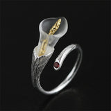 INATURE Natural Crystal Ring 925 Sterling Silver Calla lily Flower Opening Adjustable Ring