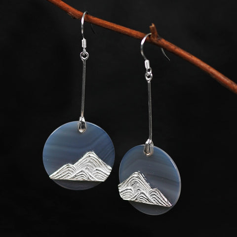 INATURE Natural Grey Agate Mountain Design 925 Sterling Silver Drop Earrings