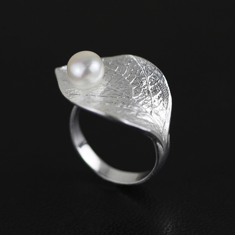 INATURE Natural Pearl Ring Vintage Leaf 925 Sterling Silver Rings