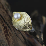 INATURE Natural Pearl Ring Vintage Leaf 925 Sterling Silver Rings