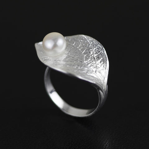 INATURE Natural Pearl Ring Vintage Leaf 925 Sterling Silver Rings