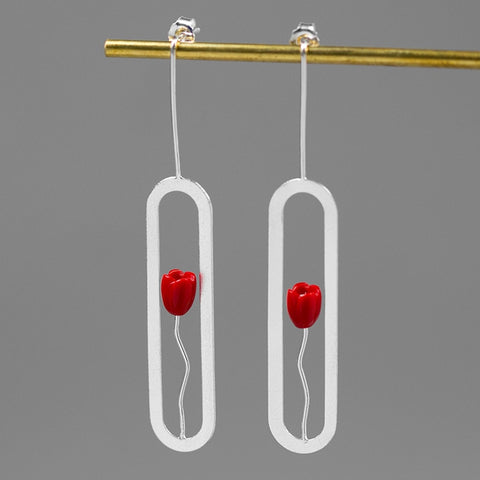 INATURE 925 Sterling Silver Red Coral Flower Stud Earrings