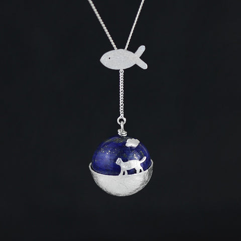 INATURE 925 Sterling Silver Blue Lapis Lazuli Cat Necklace Pendant