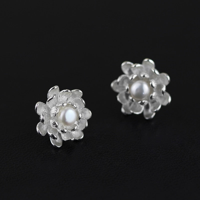 INATURE Vintage 925 Sterling Silver Freshwater Pearl Lotus Flower Earrings