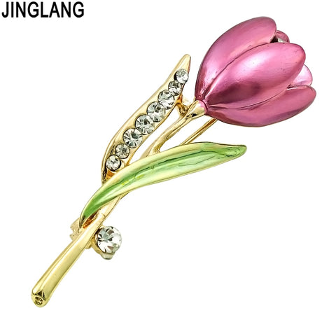JINGLANG Rhinestone Purple Tulip Flower Brooches
