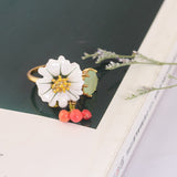 Enamel Glaze Gilded White daisy Flower Zircon Cherry Adjustable Ring