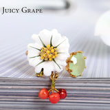 Enamel Glaze Gilded White daisy Flower Zircon Cherry Adjustable Ring