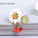 Enamel Glaze Gilded White daisy Flower Zircon Cherry Adjustable Ring