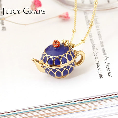 Juicy Grape Hand Painted Teapot Pendant Long Chain Choker Enamel Necklace