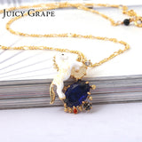 Juicy Grape White Horse Unicorn Blue Cristal Natural Stone Choker Necklace