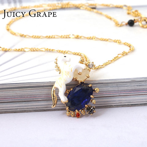 Juicy Grape White Horse Unicorn Blue Cristal Natural Stone Choker Necklace