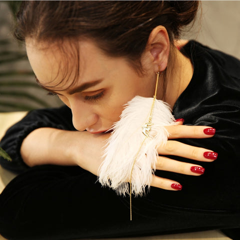 Little Bird Large Feather Single non - pierced Ear clip Long Golden Chain Earrings