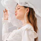 Long pearl korean gold metal plated round earrings