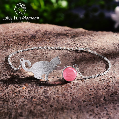 Lotus Fun Moment Real 925 Silver Natural Stone Cat Bracelets