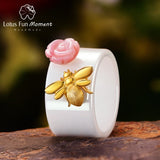 925 Sterling Silver Pink Shell Rose Flower Rings Bee Ceramic Ring