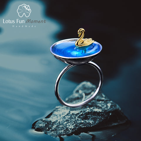 Lotus Fun Moment Real 925 Sterling Silver Poetic Swan In The Sea Rings