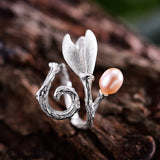 925 Sterling Silver Natural Pearl Creative Magnolia Flower Rings