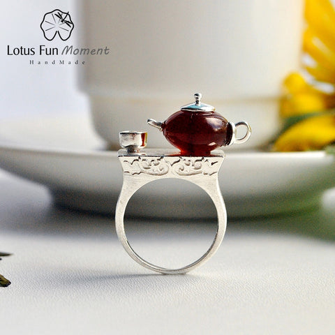 Lotus Fun Moment Real 925 Sterling Silver Vintage Cute Teapot Rings