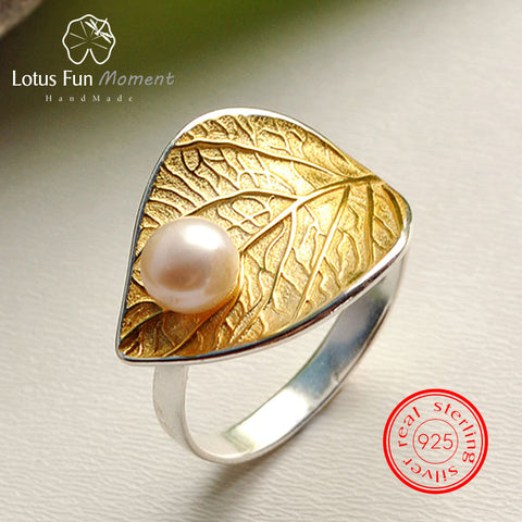 925 Sterling Silver Vintage Natural Pearl Adjustable Ring Gold Leaf Rings
