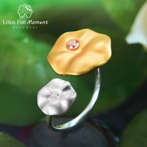 Lotus Fun Moment Real 925 Sterling Silver Vintage Dew on Lotus Leaves Rings