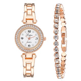 Rose Gold Diamond Studded Steel Watch Full Diamond Bracelet Set