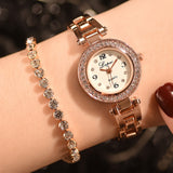 Rose Gold Diamond Studded Steel Watch Full Diamond Bracelet Set