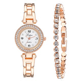 Rose Gold Diamond Studded Steel Watch Full Diamond Bracelet Set