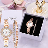 Rose Gold Diamond Studded Steel Watch Full Diamond Bracelet Set