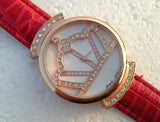 Crown face Quartz Rose gold case Leather Strap Diamond wristwatches