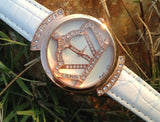 Crown face Quartz Rose gold case Leather Strap Diamond wristwatches