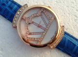 Crown face Quartz Rose gold case Leather Strap Diamond wristwatches