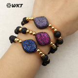 MB094 WKT Natural Black Stone Beads Gold Color Electroplated Brass Beads Adjustable Bracelet
