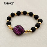 MB094 WKT Natural Black Stone Beads Gold Color Electroplated Brass Beads Adjustable Bracelet