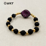 MB094 WKT Natural Black Stone Beads Gold Color Electroplated Brass Beads Adjustable Bracelet