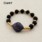 MB094 WKT Natural Black Stone Beads Gold Color Electroplated Brass Beads Adjustable Bracelet