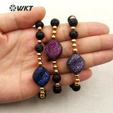 MB094 WKT Natural Black Stone Beads Gold Color Electroplated Brass Beads Adjustable Bracelet