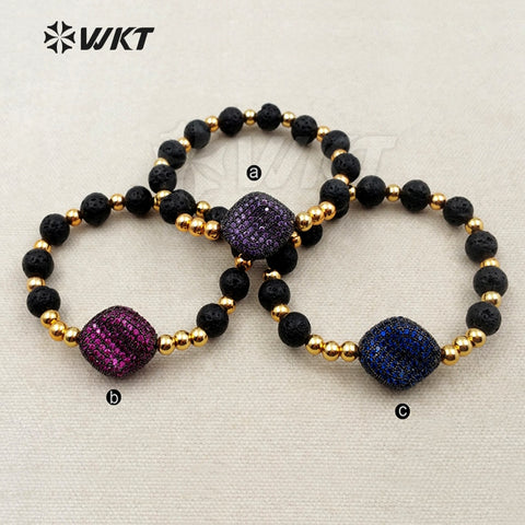 MB094 WKT Natural Black Stone Beads Gold Color Electroplated Brass Beads Adjustable Bracelet