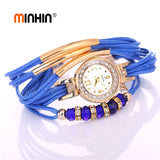 MINHIN Leather Bracelet African Beads  Rhinestone Rope Wrist Watch