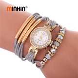 MINHIN Leather Bracelet African Beads  Rhinestone Rope Wrist Watch