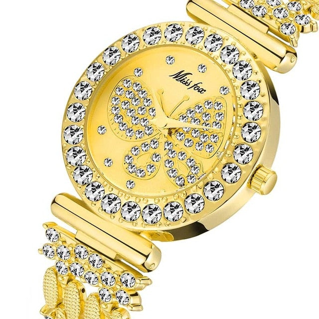 MISSFOX Butterfly Diamond 18K Gold Wrist Watch