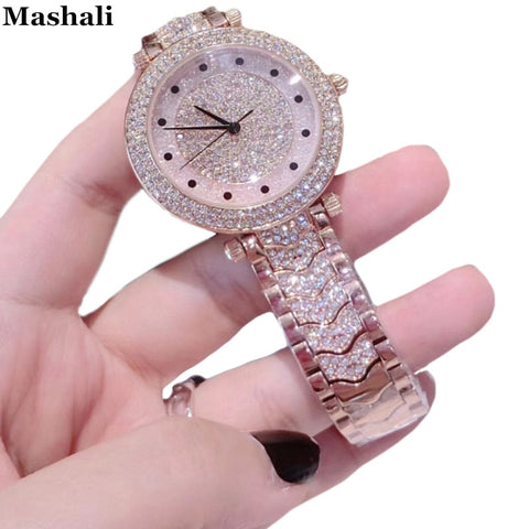 Mashali Brand Quartz Rose Gold  Diamond Stainless Steel Wristwatch