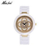 Miss Fox Clover Black Ceramic Rhinestone Rose Gold Watch