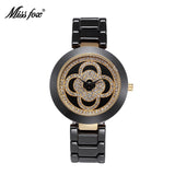 Miss Fox Clover Black Ceramic Rhinestone Rose Gold Watch