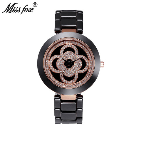 Miss Fox Clover Black Ceramic Rhinestone Rose Gold Watch